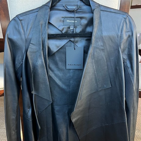 NWT MACKAGE  'Gretal' LAMB SKIN LUX LEATHER Open/Drape Front Jacket Black Size S - Picture 1 of 5